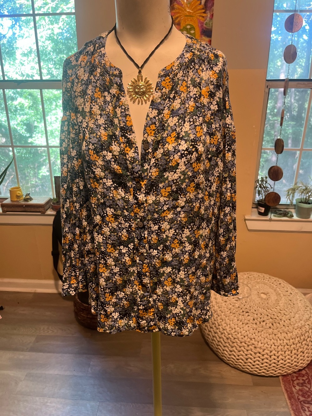 Jjill Floral V-Neck Long-Sleeve Blouse โ Navy with Yellow & White Floral Print